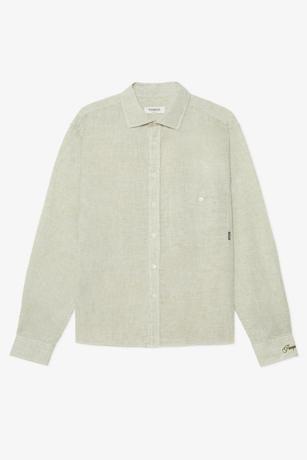 KHAKI MICRO CHECK LINEN BOXY SHIRT