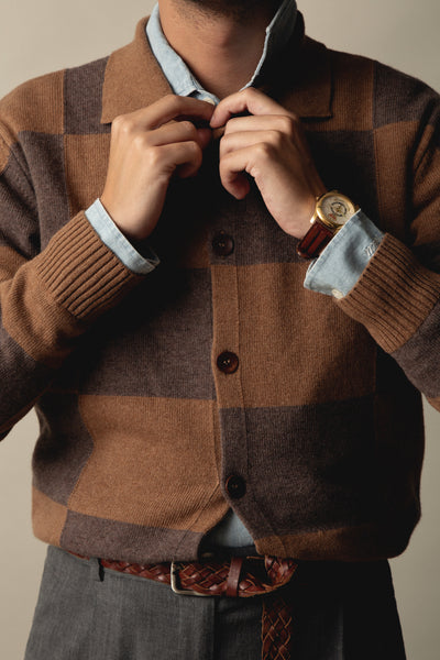 DARK CHOCOLATE CHECKED CARDIGAN POLO