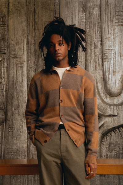 DARK CHOCOLATE CHECKED CARDIGAN POLO